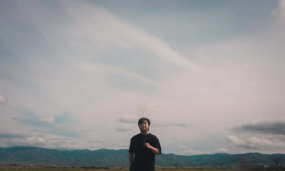 A small figure in black stands under an enormous pale sky, holding a dry branch that hides their face